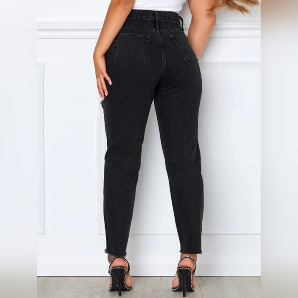 Women's Black Distressed High Waist Straight Jeans - Picture 2 of 3